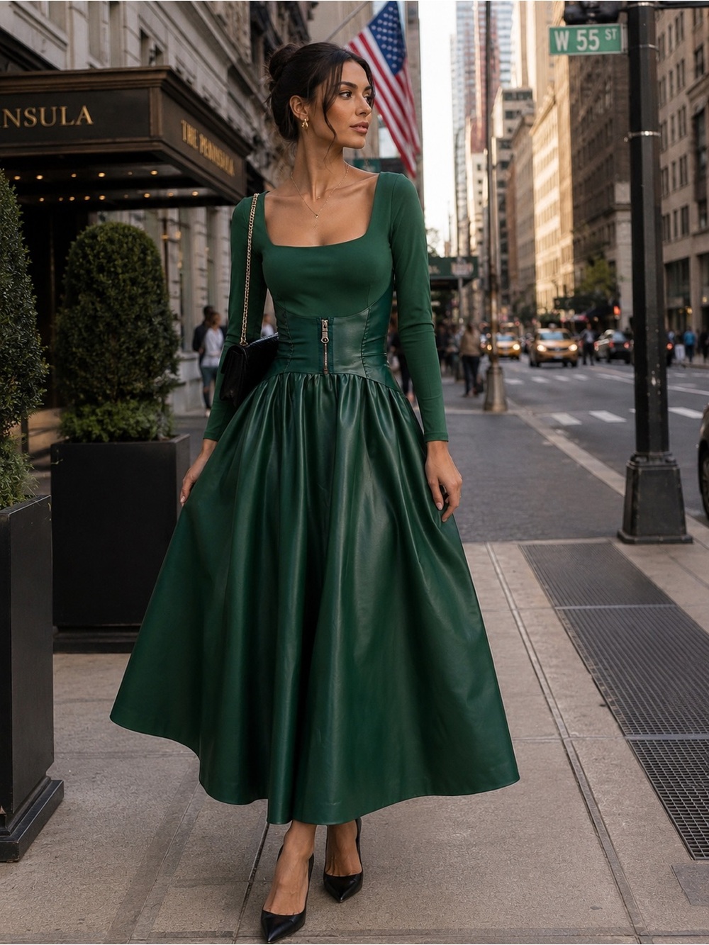 Chiara Boni Deep Green Square-Neck Long Sleeve Midi Dress